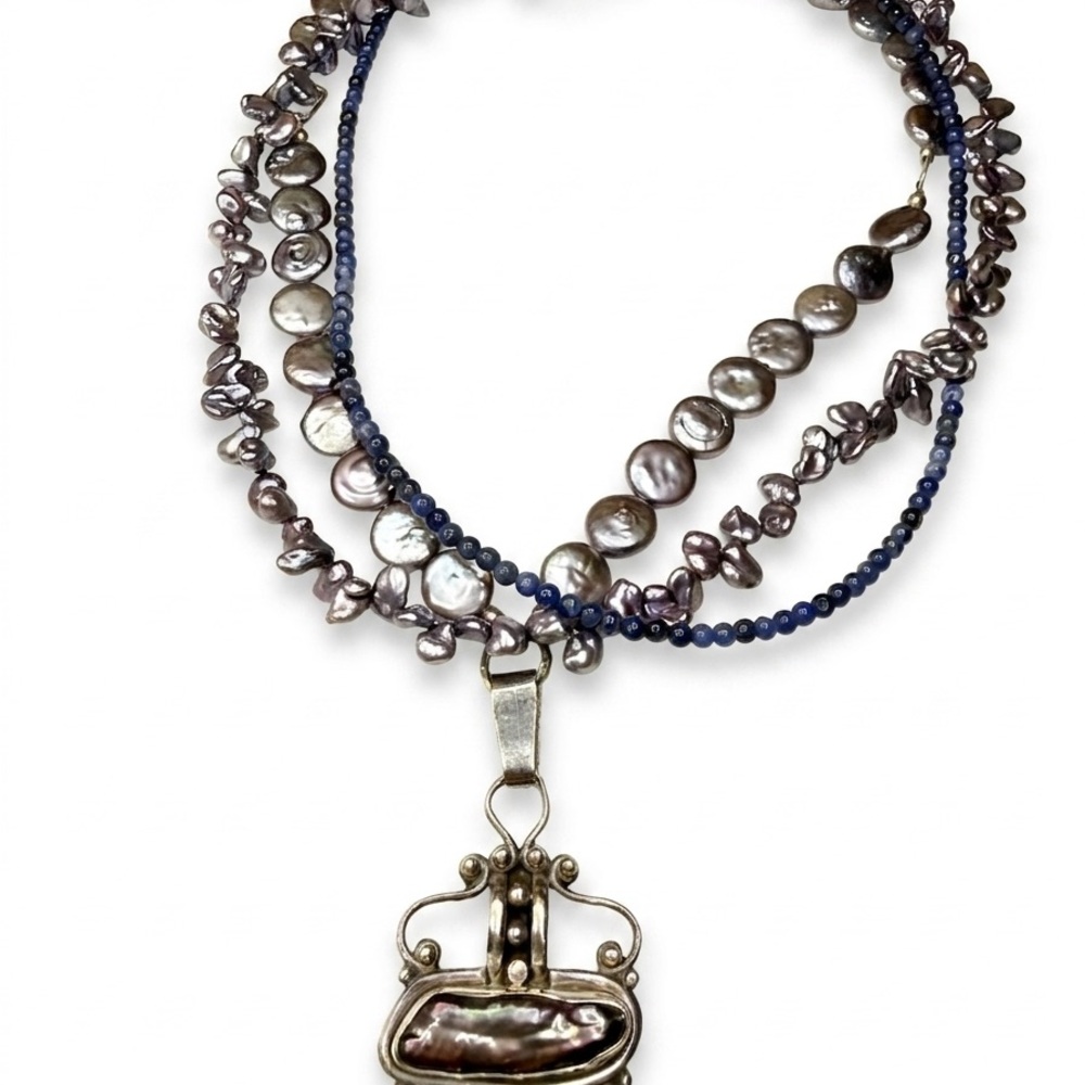 Multi-Strand Layered Baroque Pearl Necklace with Sterling Silver Pearl Pendant